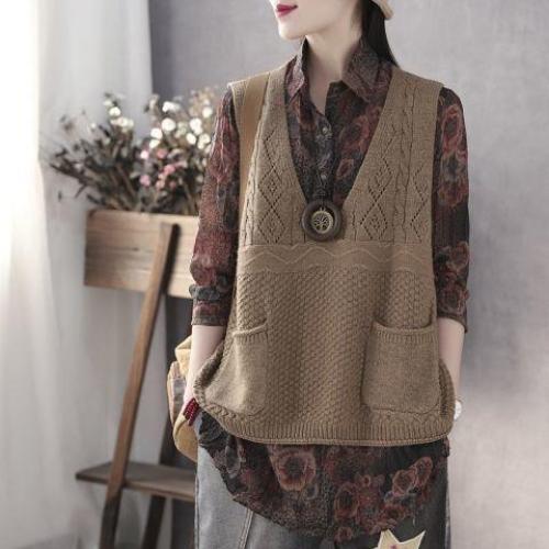 Spring Autumn Vintage Knitted Vest Women Loose V-neck Double Pocket Sleeveless Sweater Knitted Waistcoat Outwear