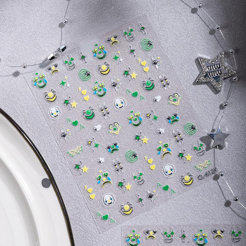 Cyansea Cute Green Star Clown Embossed Nail Stickers – Cartoon Expression Design