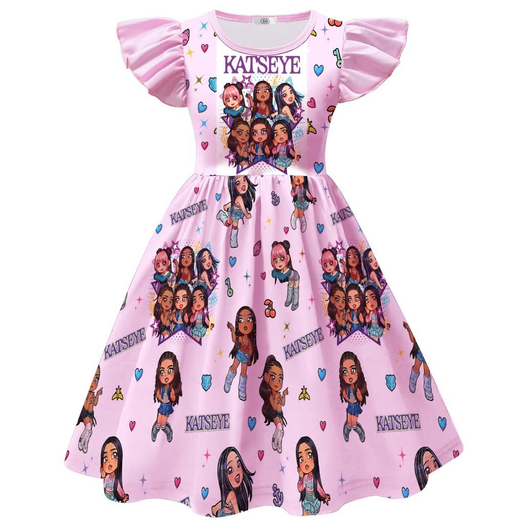 

88455 Kids Girls Korea KATSEYE Printed Ruffle Casual Dress 110cm рожевий