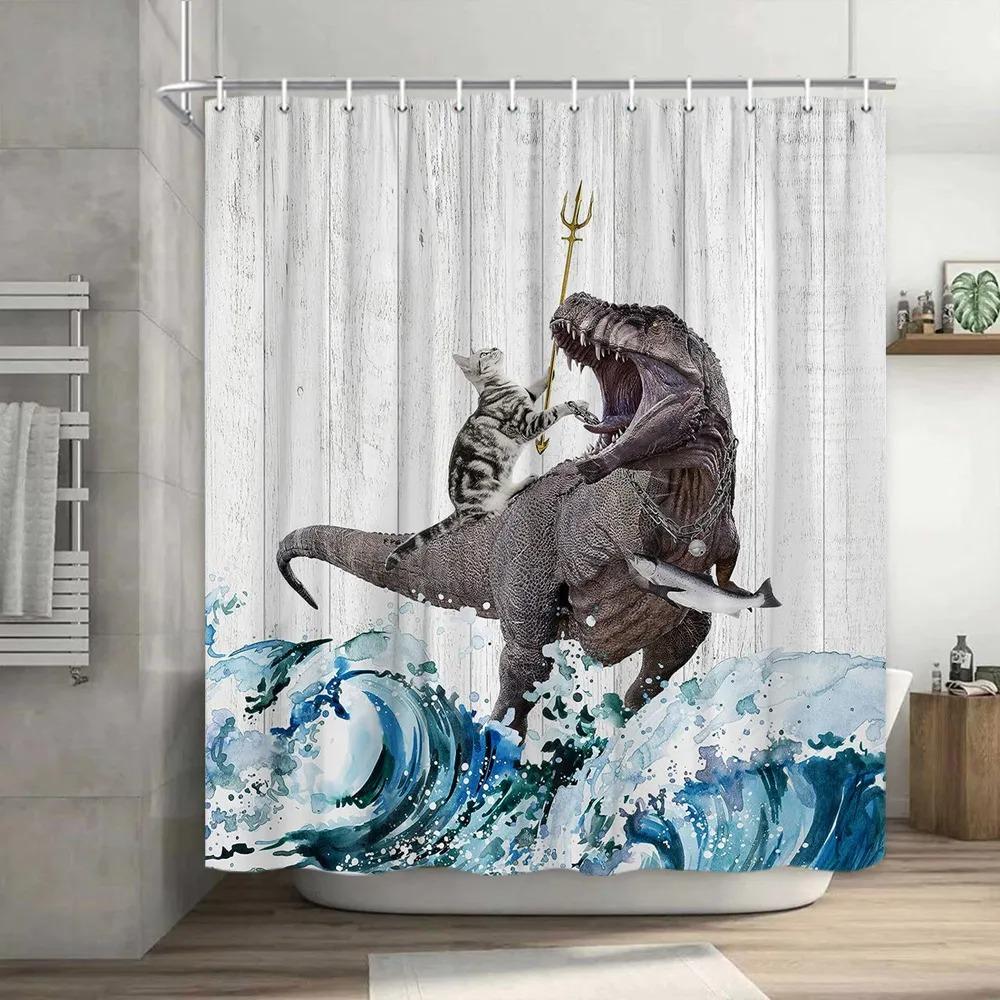 Lustiger Katzen-Duschvorhang Coole Dinosaurier-Dino Japanisches Meer Ozeanwelle für Kinder Jungen Rustikaler Holz-Bauernhaus-Badevorhang