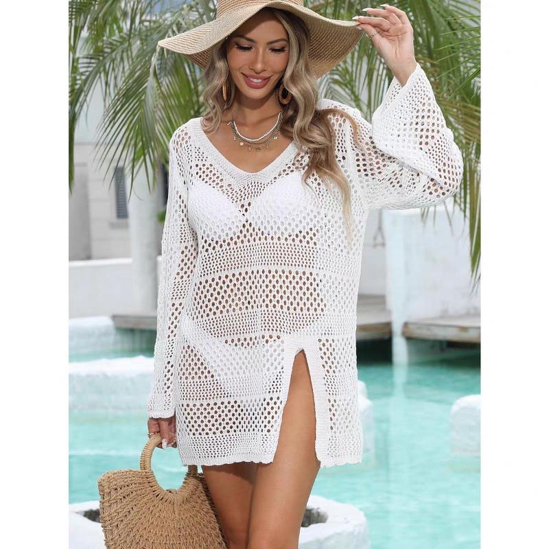 

Літній жіночий трикотажний светр з V-подібним вирізом, з довгим рукавом, з ажурним візерунком, накидка для бікіні для відпустки, пляжна туніка, комбінезон One Size білий