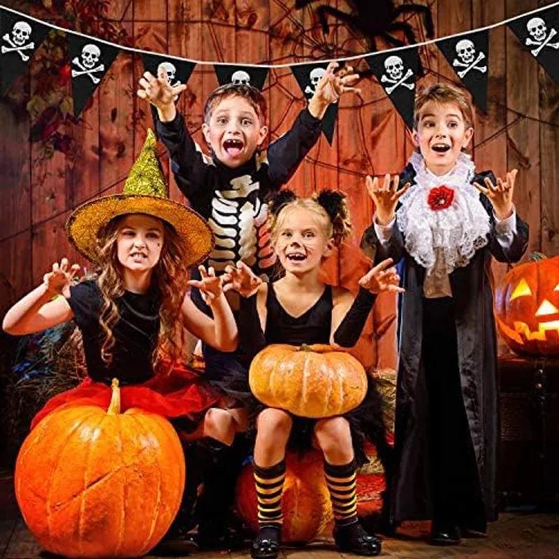 5m Halloween Pirate Banners Pirate Skull Printed Black Pennant Triangle Flags Pirate Theme Party Decoration Birthday Party