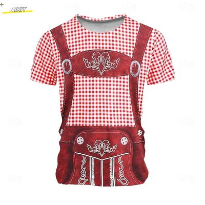 Men's 3D Printed T-shirt, Round Neck Short Sleeved Shirt, Carnival Party, Beer Festival, Checkered Clothing for Summer and Spring