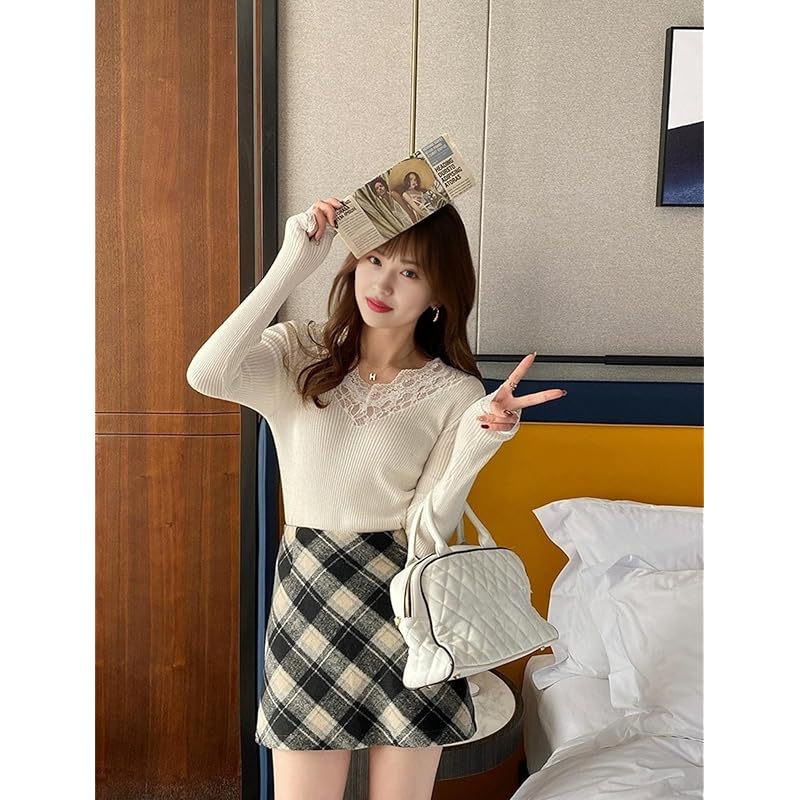 [Belle Iza Bella] long sleeve inner rib knit ruffle neck lace sleeves slim Soft touch Heat retention ladies shirt blouse Elegant Nitto It's okay