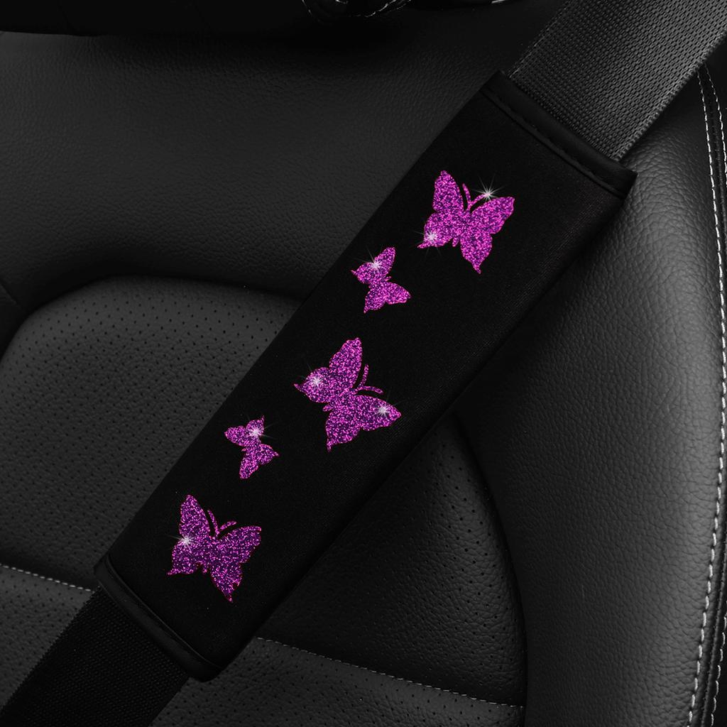 1 Glitter Pink Butterfly Blingling Fabric Automotive Supplies Seat Belt Shoulder Cover Comfortable Anti-tightening Safety Belt