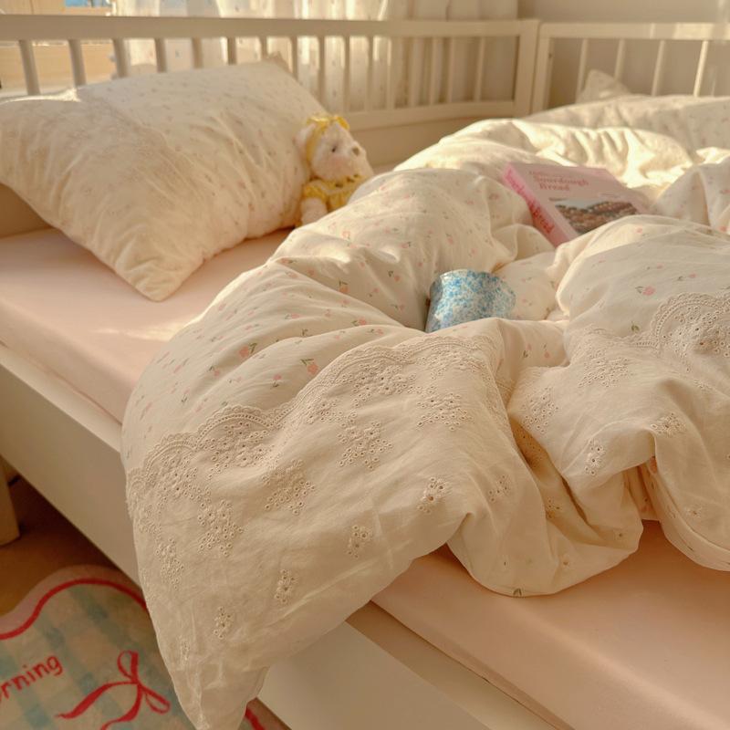 French Style Lace Bedding Set 3/4PCS - Wash Cotton Duvet Cover & Pillowcases Soft Breathable Active Printing for Home Bedding