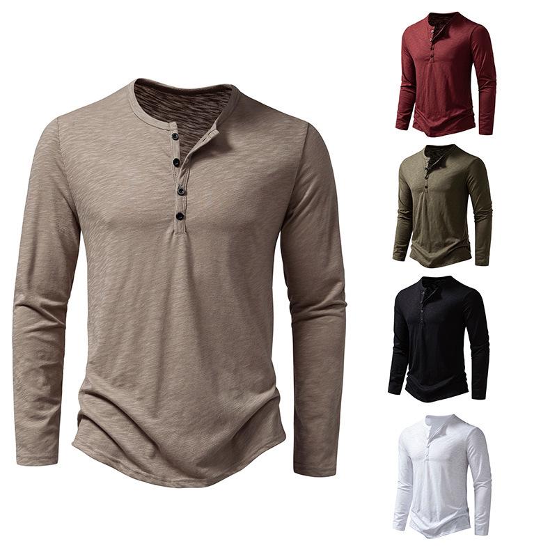 Men's Bamboo Cotton Henley Long-Sleeve T-Shirt - Spring Fashion Casual Top