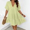 2026 summer V-neck dress for women, short-sleeved loose pleated A-shaped thin short skirt
