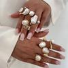Salircon Vintage Exquisite Imitation Pearl Open Rings Women Trendy Irregular Geometric Adjustable Knuckle Joint Ring Y2K Jewelry