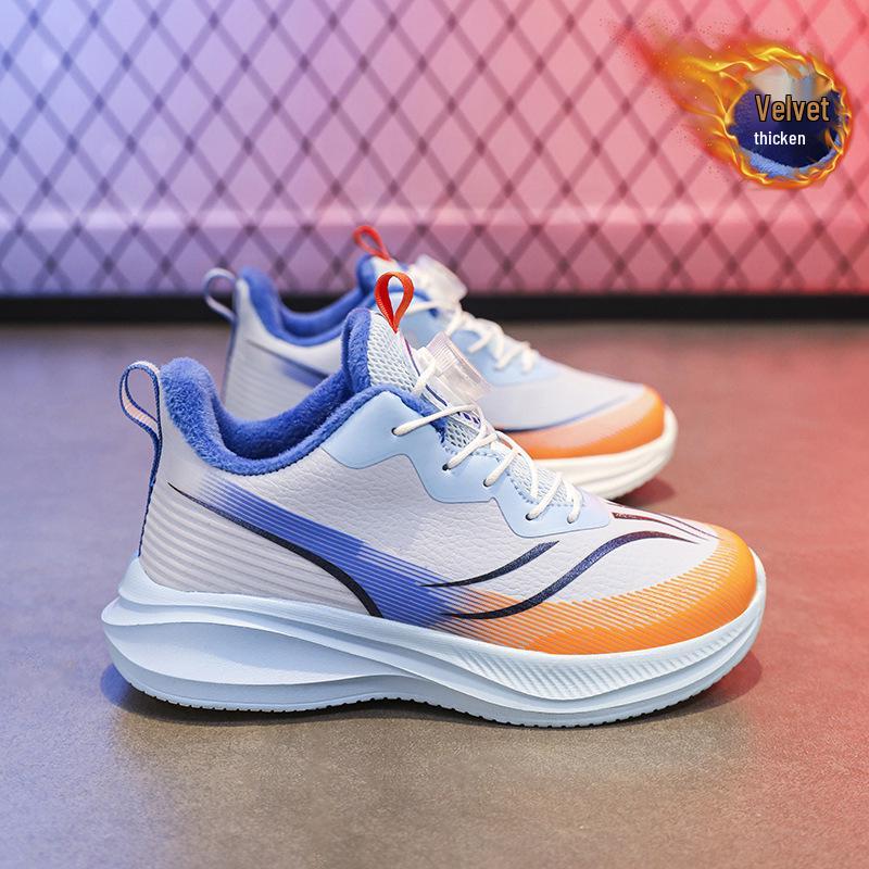 Boys' Winter 2025 Fleece-Lined Leather Running Shoes for Medium & Large Children, Warm Sports Cotton Shoes