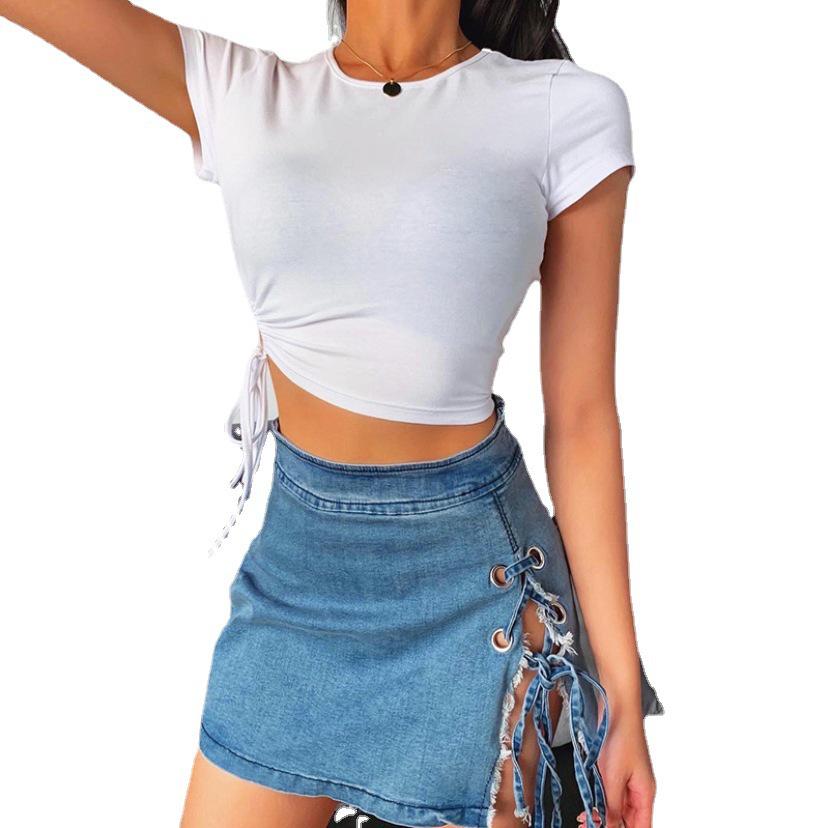 Women's Summer Lace-up Hollow Slim Fit Cropped Cotton T-shirt