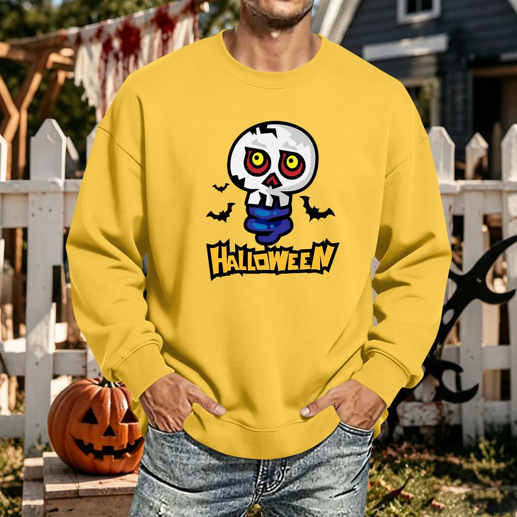 Men's Halloween Printed Long Sleeve T-Shirt Crewneck Casual Sports Top Unisex for Couples