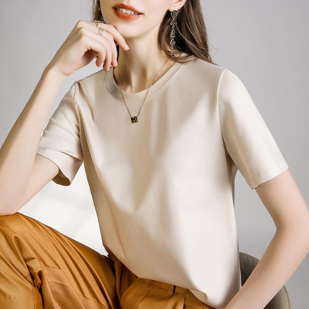Skin-friendly support cool feeling double mercerized cotton slim fit solid color simple female slim short sleeve, white T