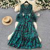 Holiday style purple flower print dress women's spring long-sleeved high-waisted A-shaped skirt waist lotus leaf edge long dress