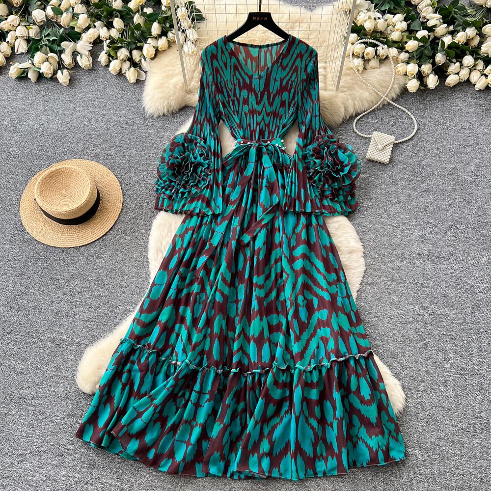 Holiday style purple flower print dress women's spring long-sleeved high-waisted A-shaped skirt waist lotus leaf edge long dress