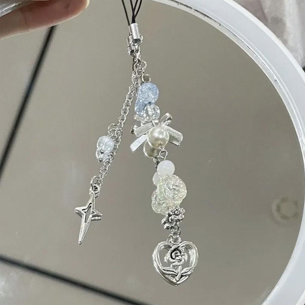 Bowknot Pendant Phone Chain Strap Flower Charm Beaded Keychain Phone Lanyard Acrylic Keyring Bag Ornament Jewelry Gift