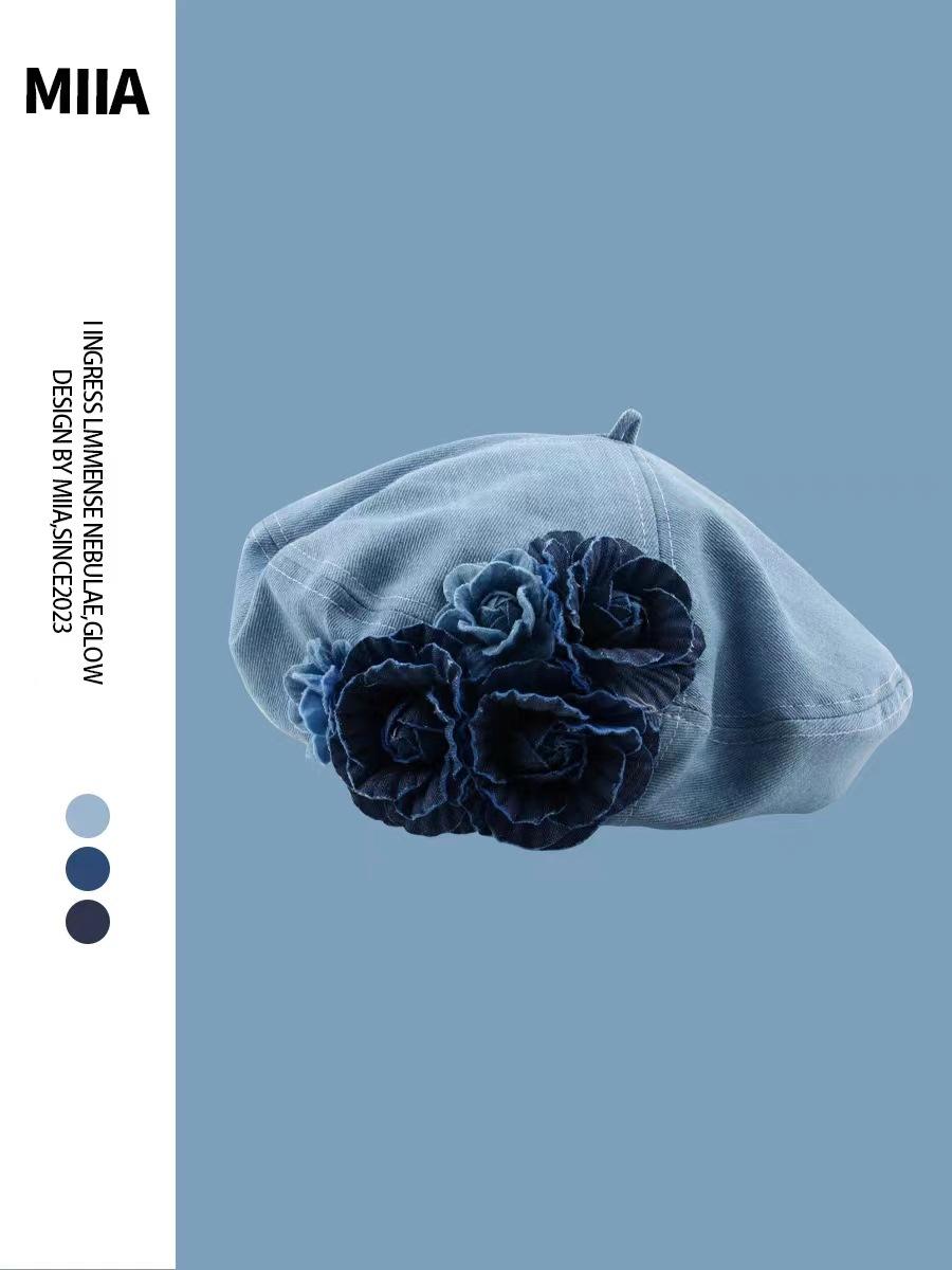 

Весна и лето Контрастные цвета деним камелия модная пушистая шляпа художника повседневный модный берет