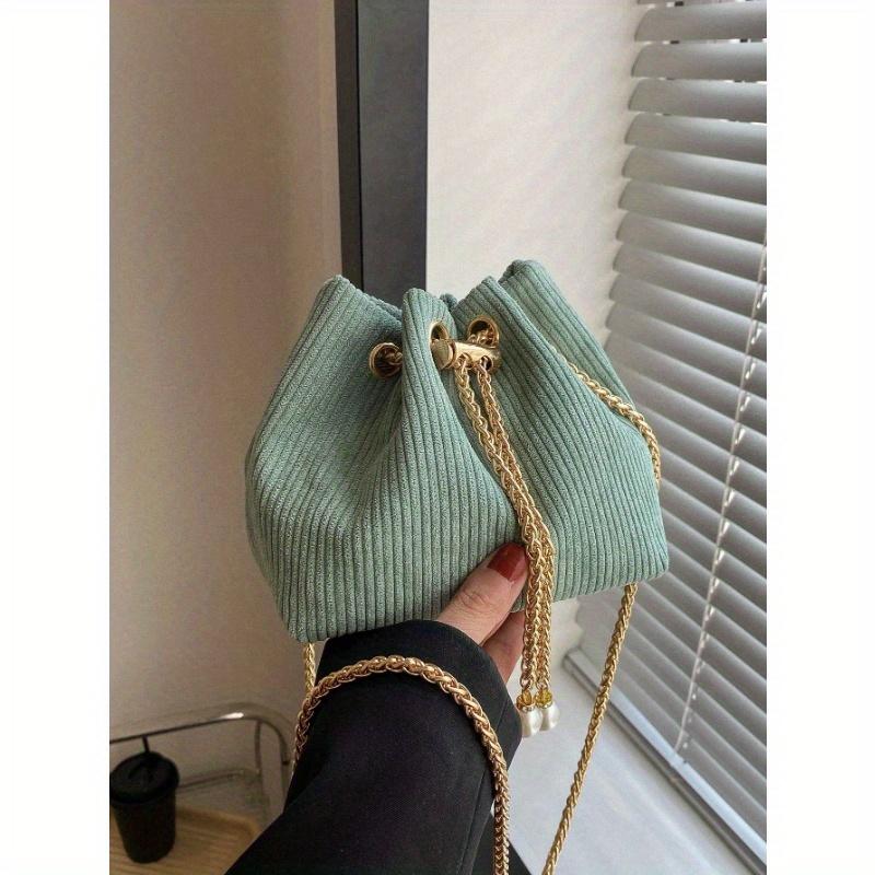 Fashion Solid Color Hollow Out Woven Chain Drawstring Mini Crossbody Bucket Bag