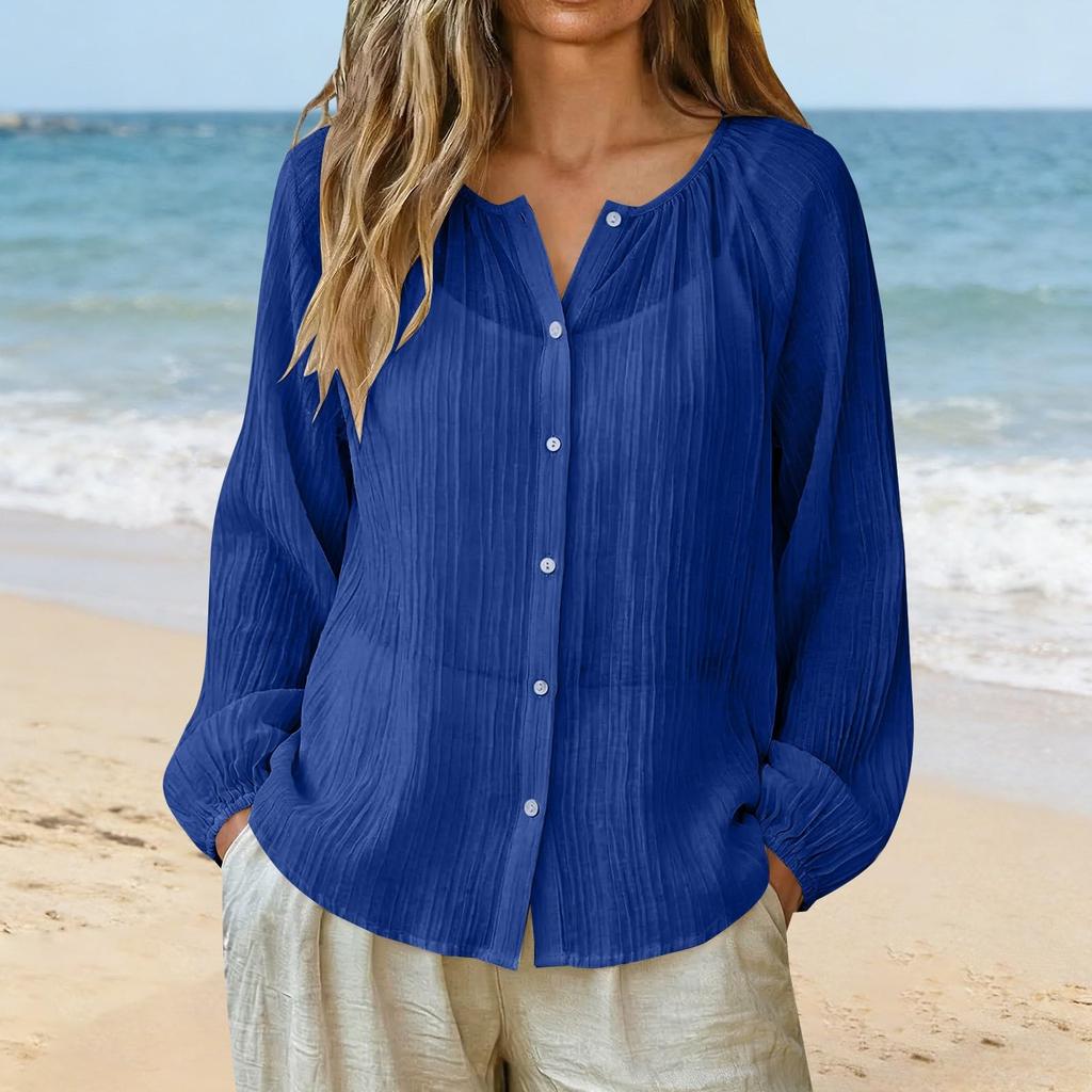 Womens Long Sleeve Button Down Blouse Lightweight Crinkled Fabric Casual Loose Fit Shirt with V Neck Design for Daily Wear