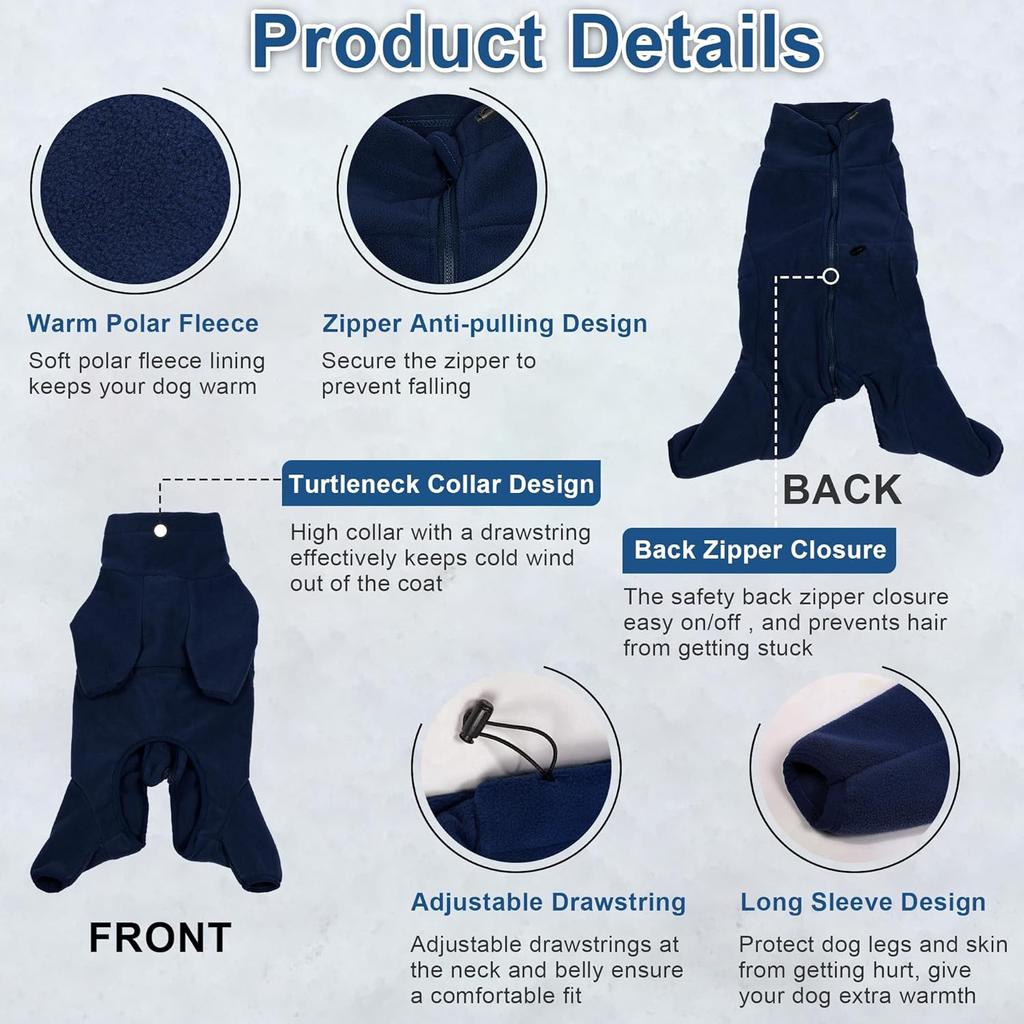 Dog Winter Coat, Polar Fleece Pullover Jumpsuit, Dog Sweatshirt Jacket, Fullbody Pajamas Onesie for Small Medium Large Dogs Hiking Walking Sleep,