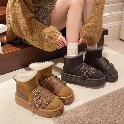 Belt Buckle Platform Snow Boots Winter New Round Toe Suede Plus Wool Warm Non-slip Wear-resistant Cotton Shoes