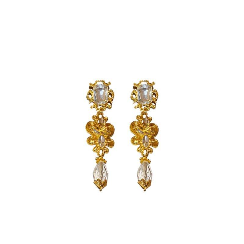 Silver needle crystal square fringed earrings retro exaggerated high-end temperament earrings court style light luxury earrings