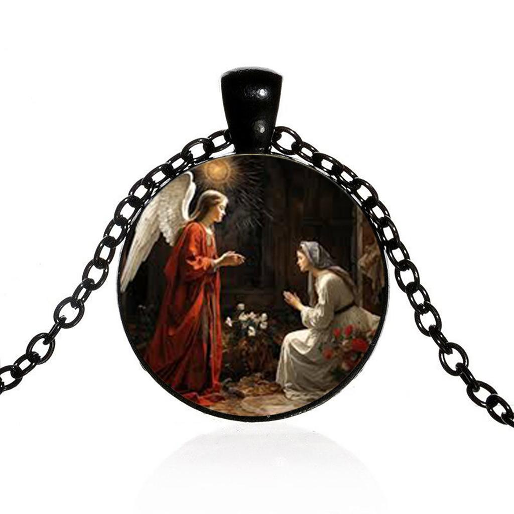 Christian Glass Dome Pendant Necklace with Vintage Angel Wings, Unisex Design for Good Luck