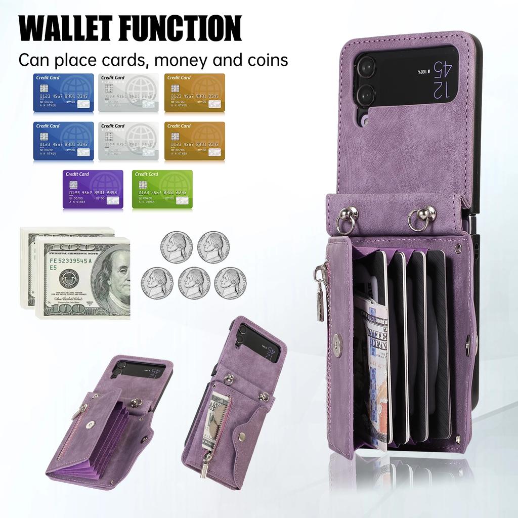 Zipper Wallet Leather Crossbody Case for Samsung Galaxy Z Flip 7 FE 6 5 4 3 Flip5 5G Purse Lanyard Strap Card Slot Holder Cover