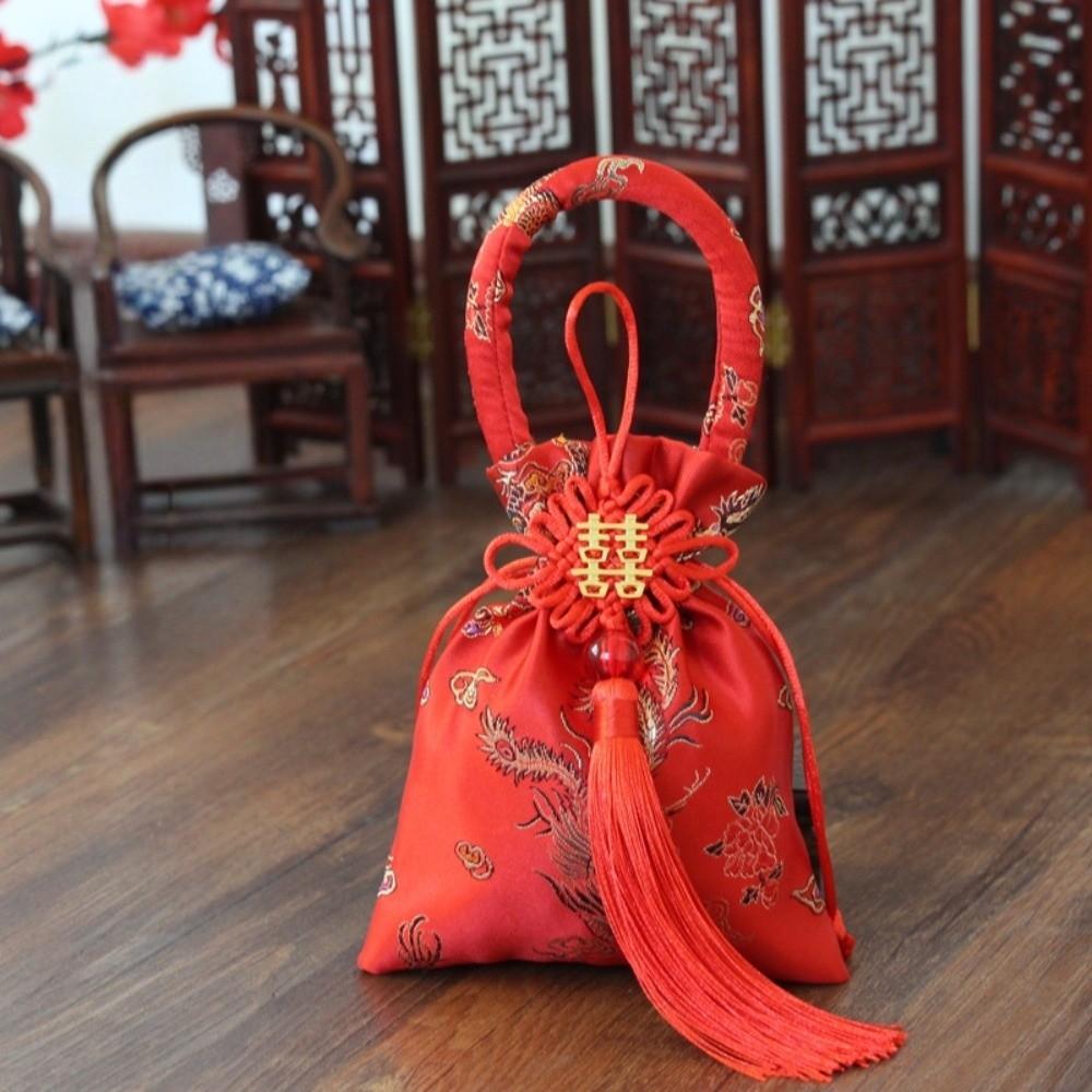 Chinese Style Canvas Flower Drawstring Bag Dragon Bird Festive Sugar Bag Large Capacity Storage Bag New Year Bucket Bag Wedding