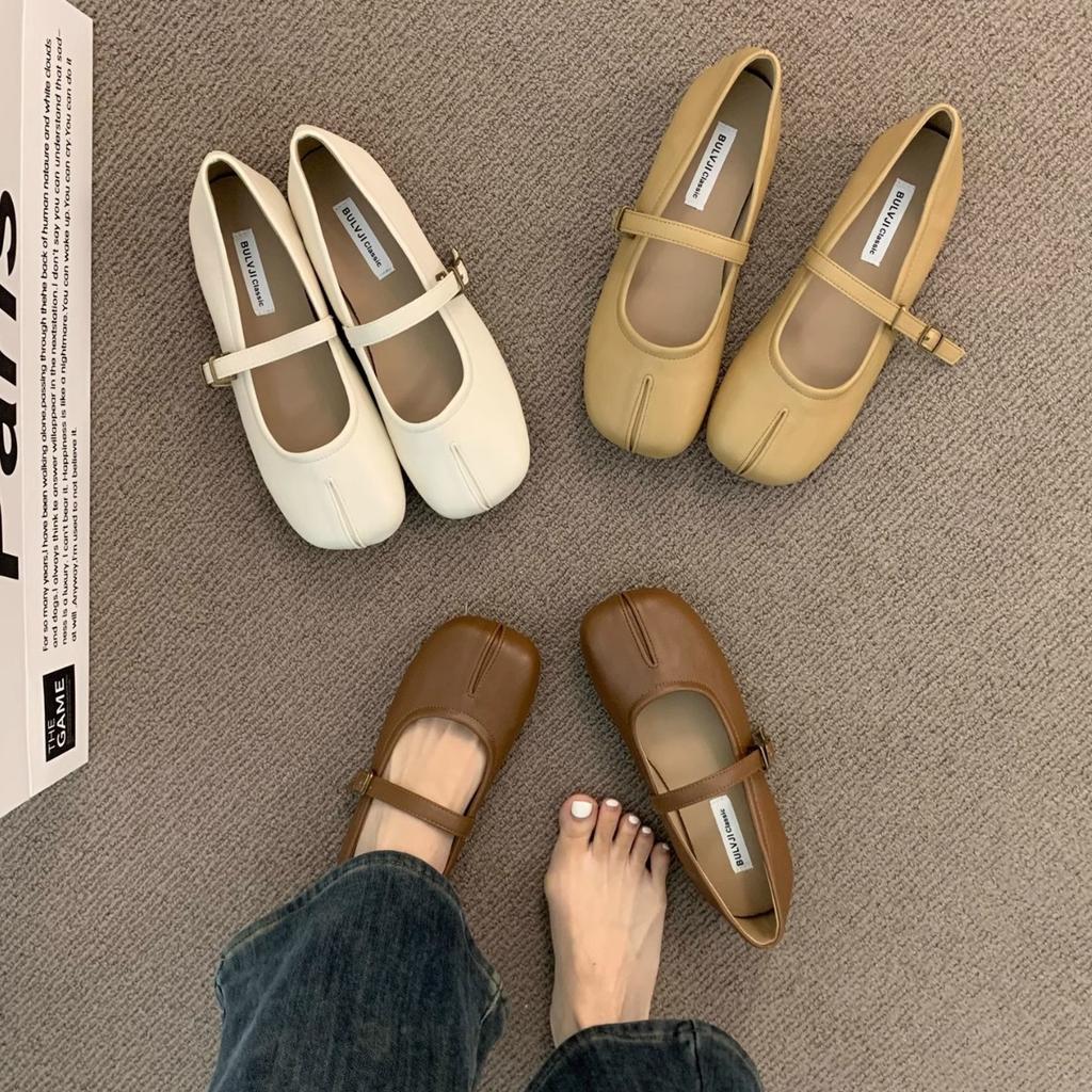 Flat-bottomed Gentle Evening Shoes French Cream Yellow Pig's Trotters Single Shoes Women's Spring and Autumn Soft-soled Split-toed Mary Jane Grandma L