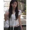 White Puff-sleeved Short-sleeved Shirt for Small Women, Summer and Korean Style Chic Ribbon Waist Short Top