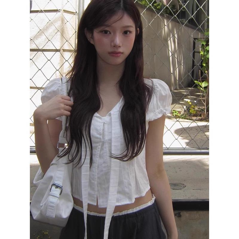 White Puff-sleeved Short-sleeved Shirt for Small Women, Summer and Korean Style Chic Ribbon Waist Short Top