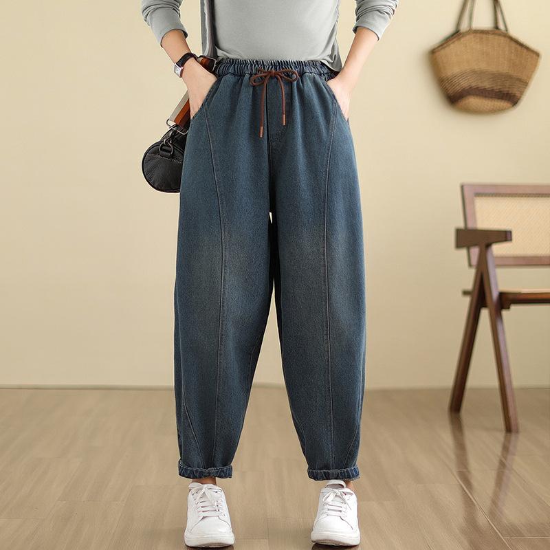 

Стильные джинсы из лоскутной джинсовой ткани, осенние, универсальные, свободные, повседневные штаны-шаровары для женщин, летние джинсы с высокой посадкой, 2025 2XL синий