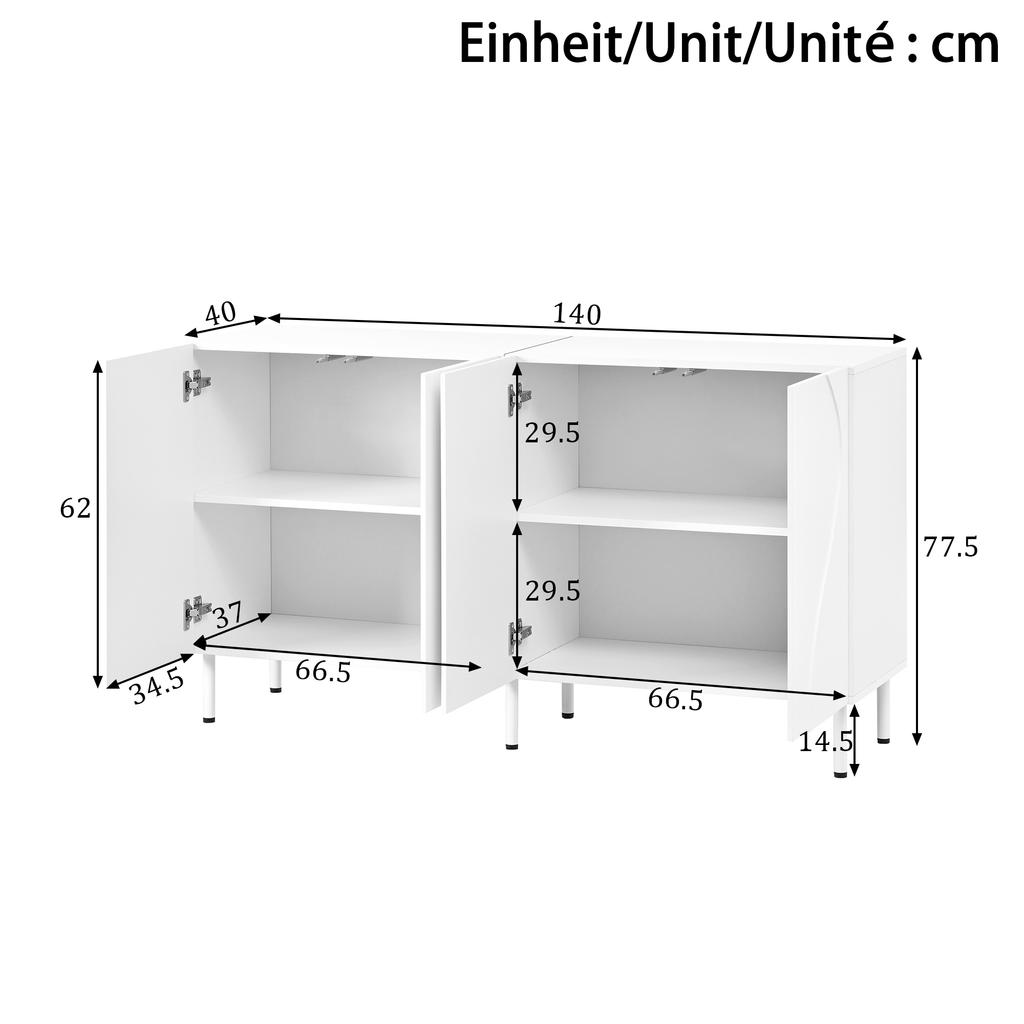 Modern sideboard with 3D curved doors, handleless design, living room hallway storage, made of PB and MDF, metal legs