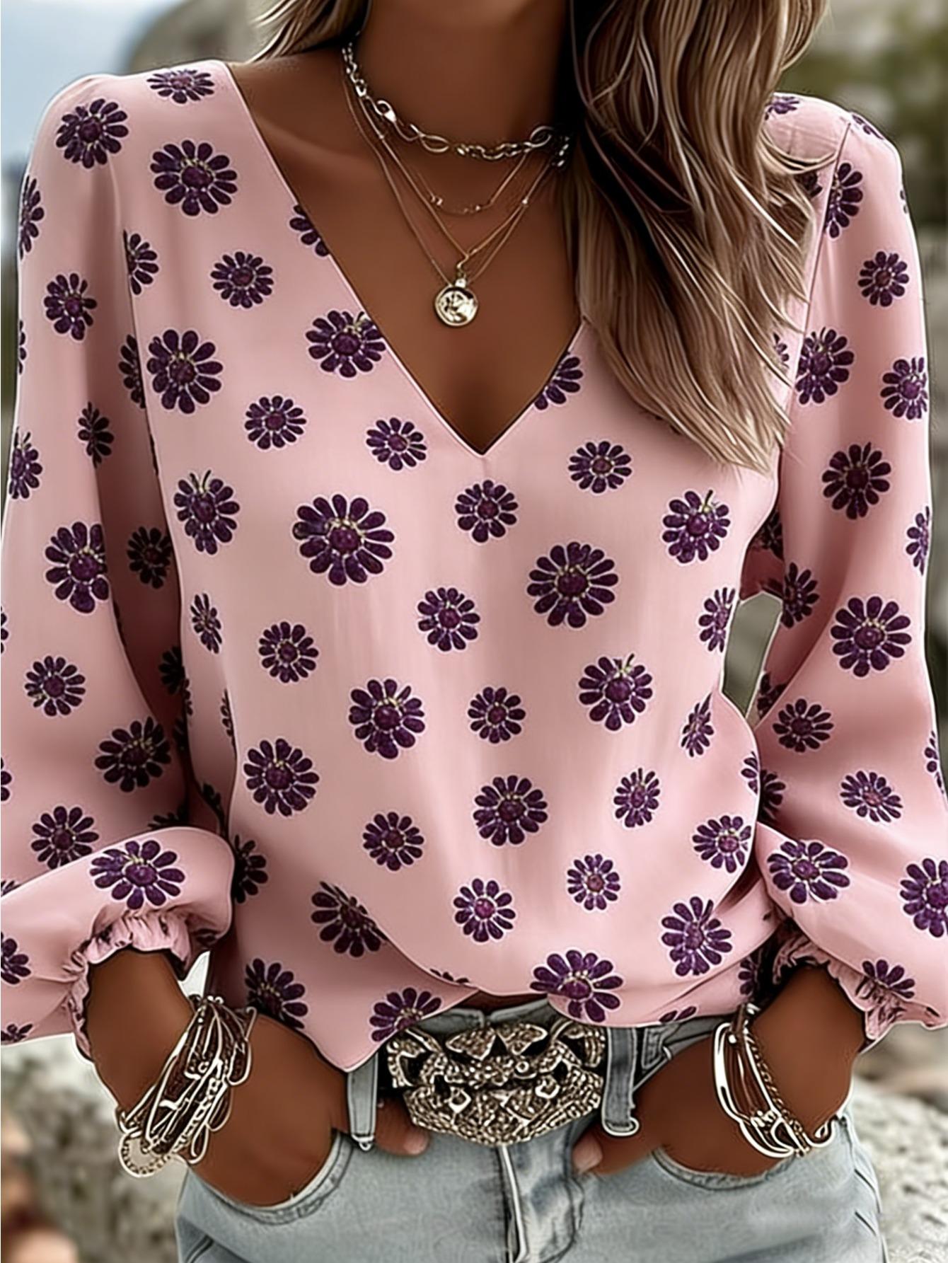 

Women s Retro Bohemian Casual Fashion Floral Print V-Neck Long-Sleeved Shirt with Female Lantern Sleeves Design Long-Sleeved Shirt Elegant Top XXL