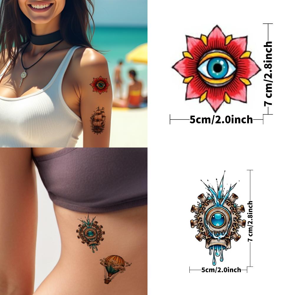 28pcs Temporary Tattoo New School Traditional Revolver With Flowers Skeleton With Flowers Pirate Skull For Adults Women Chest