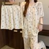 Crew Neck Lace Cloud Cotton Pajamas Women'S Summer Short Sleeves Sweet Cartoon Loungewear Three-Piece Set