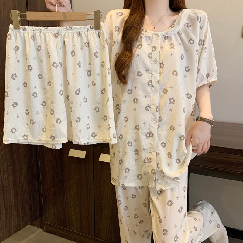 Crew Neck Lace Cloud Cotton Pajamas Women'S Summer Short Sleeves Sweet Cartoon Loungewear Three-Piece Set