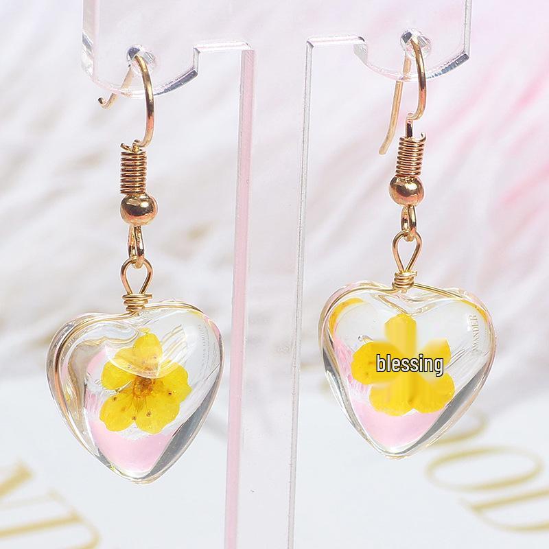 Korean Style Heart-Shaped Glass Ball Earrings with Real Flower Ear Hooks