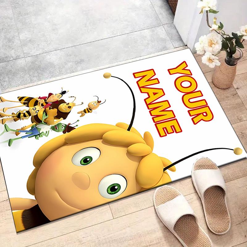 Custom Maya Bee Mat Personalized Name, Polyester Washable Indoor Entryway Rug, Gift for Christmas, Easter, Thanksgiving Day