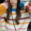 WTEMPO Rainbow Striped Women Sweater Sweet Lovely Round Neck Knitted Pullover Jumper Long Sleeve Top Bottoming Sweaters