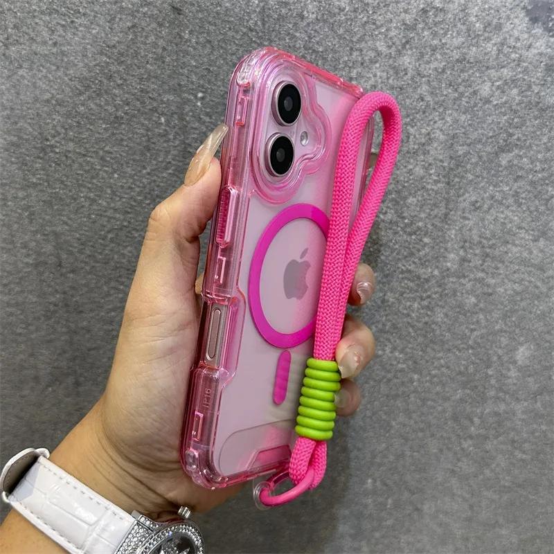 Per Custodia Trasparente con Cinturino da Polso per For Iphone 16 1 14 17 Pro Max Plus 12 13 11 17 Air Lanyard Armor Cover Rigida Antiurto