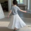 Summer Floral Grey Top and Cake Skirt Set Gentle and Stylish Girls' Two-piece Outfit for Middle and Older Children