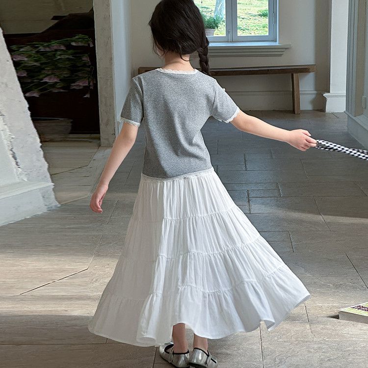 Summer Floral Grey Top and Cake Skirt Set Gentle and Stylish Girls' Two-piece Outfit for Middle and Older Children