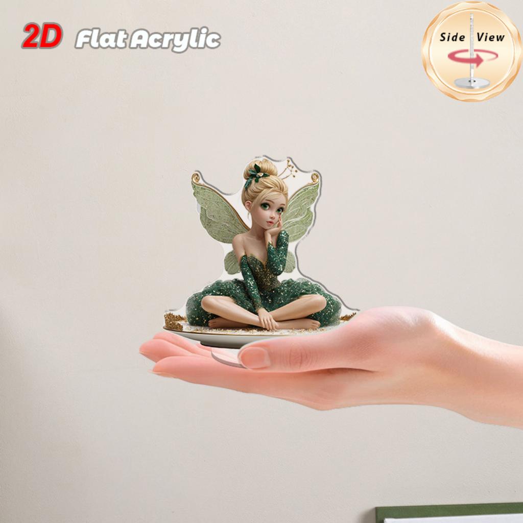 2D Flat Rotatable Acrylic Tabletop Ornament Fairy Figurine On Exquisite Plate With 360 Degree Rotating Base