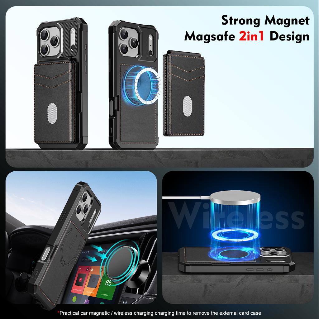 For iPhone 17 Pro Magnetic Case Detachable Card Slot Kickstand Leather + TPU Phone Cover