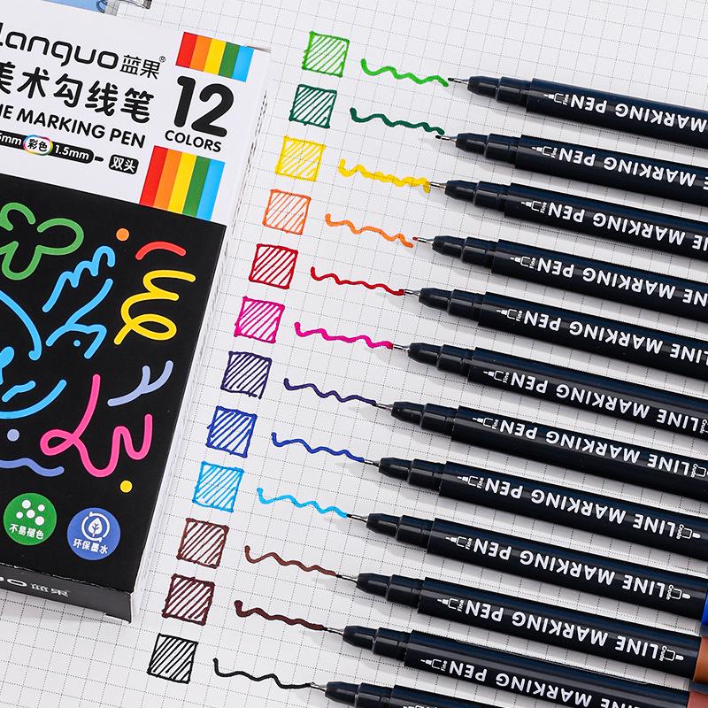 Lan Guo Art Double-Ended Oil-Based Waterproof Outliner Pen, Quick-Drying, Eco-Friendly, Fade-Resistant, Carbon Black Marker.