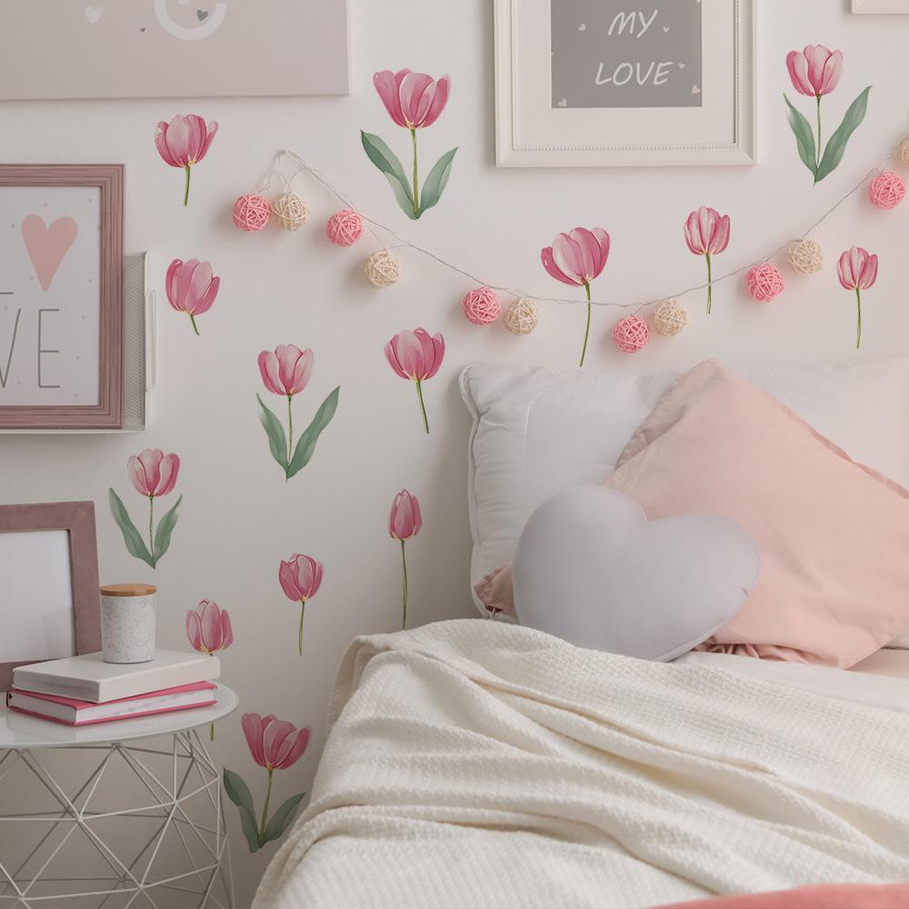 2 Pcs Simple Pen Pink Tulips Bedroom Living Room Home Wall Background Beautification Decoration Wall Stickers