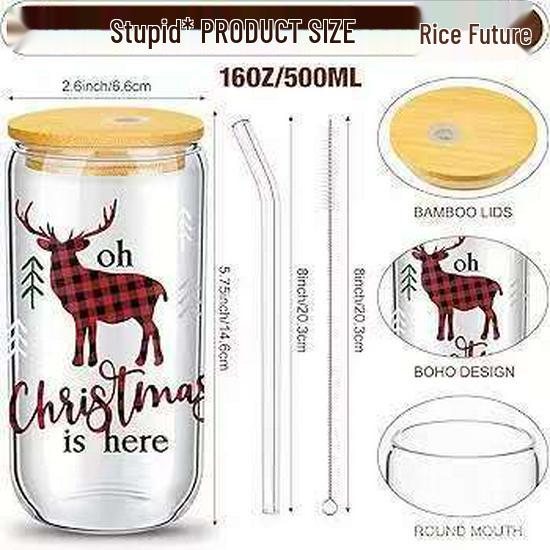 High Borosilicate Glass Juice Cup with Wooden Pop-top Lid and Straw