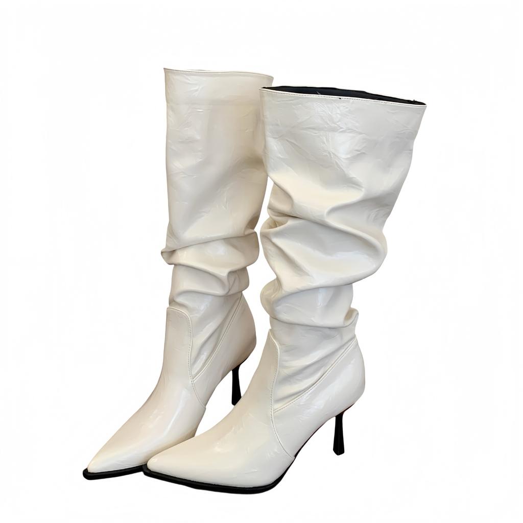 [] Autumn and winter French pointed temperament long boots pleated thin boots thin heel high knight boots